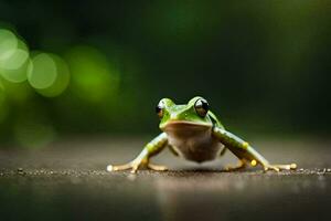 a frog is standing on the ground with a blurry background. AI-Generated photo