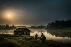two people stand by a lake with a hut in the background. AI-Generated photo