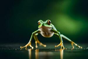 a frog is standing on its hind legs. AI-Generated photo