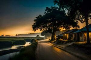 un la carretera líder a un pequeño pueblo a puesta de sol. generado por ai foto