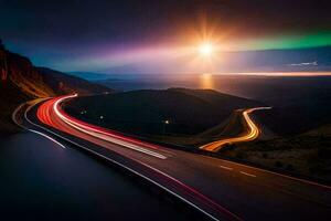 un largo exposición foto de un la carretera con luces y un puesta de sol. generado por ai