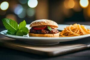 a plate with a burger and spaghetti on it. AI-Generated photo