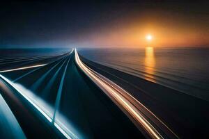 a long exposure photograph of a highway at sunset. AI-Generated photo