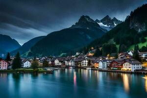 foto fondo de pantalla el cielo, montañas, lago, ciudad, casa, casa, casa, casa,. generado por ai