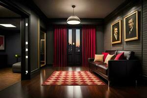 un habitación con negro paredes y rojo y blanco a cuadros piso. generado por ai foto