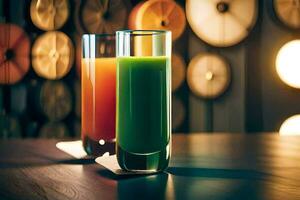 two glasses of juice on a table in front of a wall of clocks. AI-Generated photo