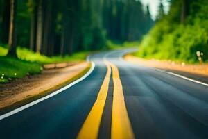 un borroso imagen de un la carretera con amarillo líneas. generado por ai foto