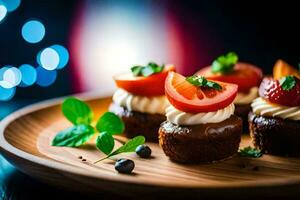 small cakes with tomatoes and cheese on a wooden plate. AI-Generated photo