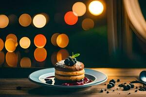 a plate of pancakes with berries and a spoon on a wooden table. AI-Generated photo