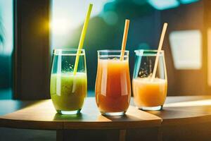 Tres lentes de jugo con pajitas en un mesa. generado por ai foto