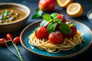spaghetti with tomatoes and basil leaves. AI-Generated photo
