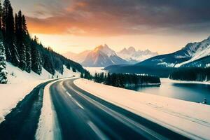 a road in the mountains with snow and trees. AI-Generated photo