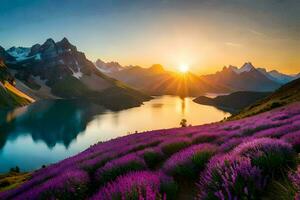 the sun rises over lavender fields in the mountains. AI-Generated photo