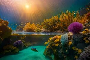 the sun shines over a coral reef and fish. AI-Generated photo