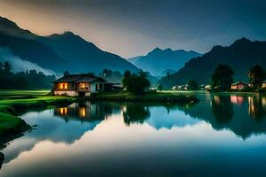 un lago y algunos casas en el montañas. generado por ai foto