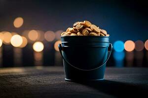 a bucket filled with peanuts on a table. AI-Generated photo