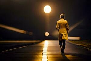 a woman in a yellow coat walks down a path at night. AI-Generated photo