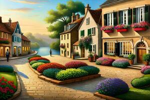 photo wallpaper the sky, flowers, houses, street, sunset, flowers, houses, street,. AI-Generated