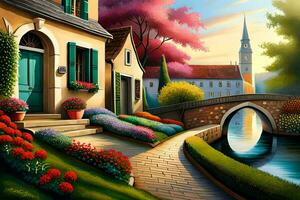 a painting of a house and bridge with flowers. AI-Generated photo