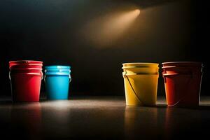 three buckets of paint on a dark floor. AI-Generated photo