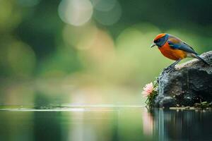 a colorful bird sits on a rock by the water. AI-Generated photo