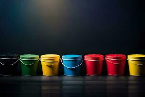 a row of colorful buckets on a dark background. AI-Generated photo