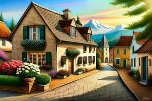 a painting of a small town with flowers and houses. AI-Generated photo