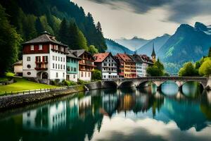 a river and a bridge in the mountains. AI-Generated photo