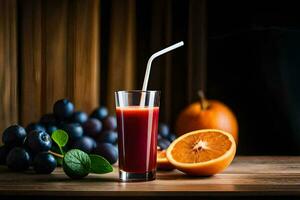 a glass of juice with grapes and oranges. AI-Generated photo