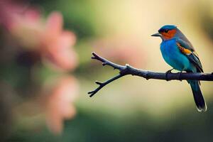 un vistoso pájaro se sienta en un rama. generado por ai foto