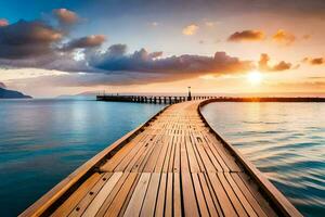 a wooden pier stretches out into the ocean at sunset. AI-Generated photo