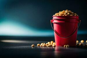 a red bucket filled with peanuts on a dark table. AI-Generated photo