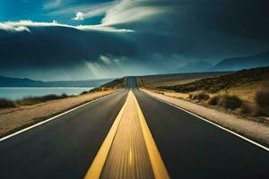 un largo la carretera con un Tormentoso cielo en el antecedentes. generado por ai foto