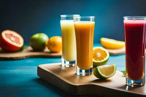 three glasses of juice with oranges, lemons and limes. AI-Generated photo