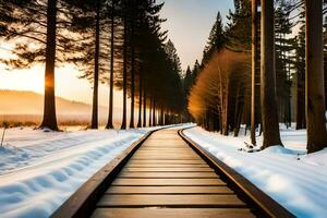 un de madera camino Guías mediante el nieve a el Dom. generado por ai foto