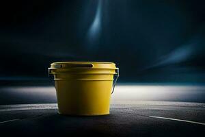 a yellow bucket sitting on the road in front of a dark background. AI-Generated photo