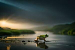 a frog is standing on the shore of a river. AI-Generated photo