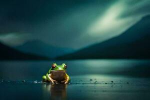 a frog sitting on the water in front of a dark sky. AI-Generated photo