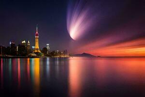 el ciudad horizonte a puesta de sol con un brillante ligero. generado por ai foto