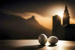 two eggs sit on a table in front of a city skyline. AI-Generated photo