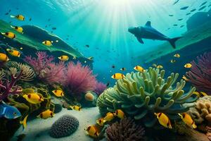 the sun shines on a coral reef and a shark swims in the water. AI-Generated photo