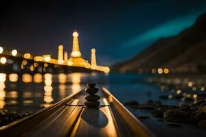 a boat with rocks on the shore at night. AI-Generated photo