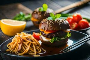 a plate with a burger and noodles. AI-Generated photo