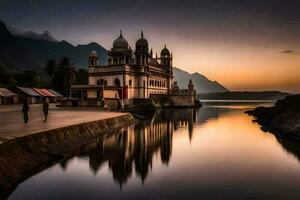 un hermosa puesta de sol terminado un lago con un edificio en el antecedentes. generado por ai foto