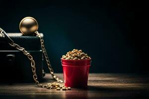 a red bucket with gold coins and a chain. AI-Generated photo