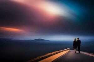 a couple standing on a bridge looking at the sky. AI-Generated photo