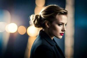 a woman with red lipstick and a black suit. AI-Generated photo