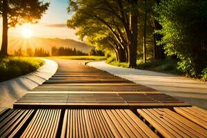 a wooden walkway in the middle of a field. AI-Generated photo