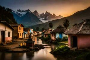 photo wallpaper the sky, mountains, water, river, houses, the village, the mountains,. AI-Generated