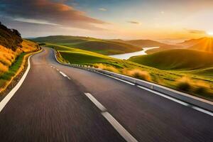 a road with the sun setting over the hills. AI-Generated photo